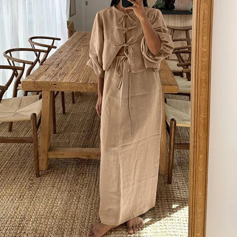 Womens O-neck lace up top long summer dress loose cotton linen set casual puff sleeves high waist 2-piece set 240903