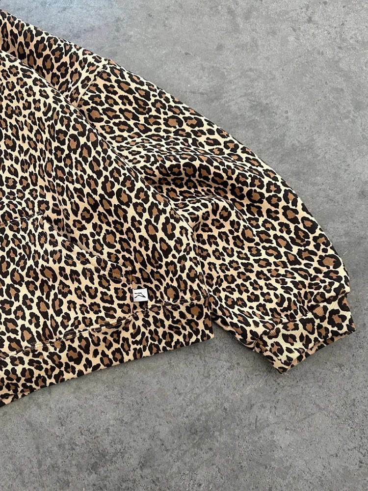 American retro leopard print hooded sweatshirt womens autumn long sleeved top hooded sweatshirt streetwear hip-hop zipper Y2K sportswear style 240910