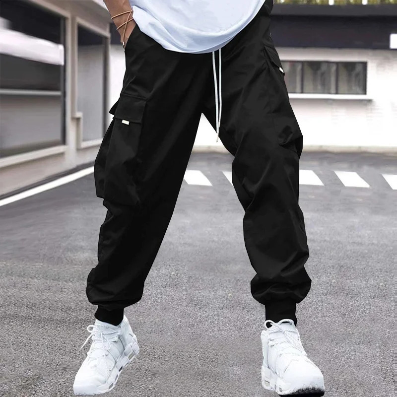 Mens fashionable casual cargo pants with flip pockets and side pull waist pants 240930