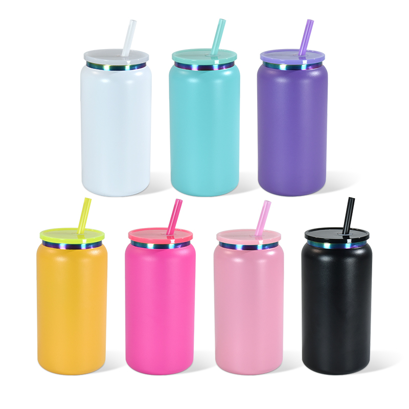 16oz UV plating tumbler colored powder coated stainless steel vacuum insulated tumblers mason jar for laser engraving food cans with colored lids stra