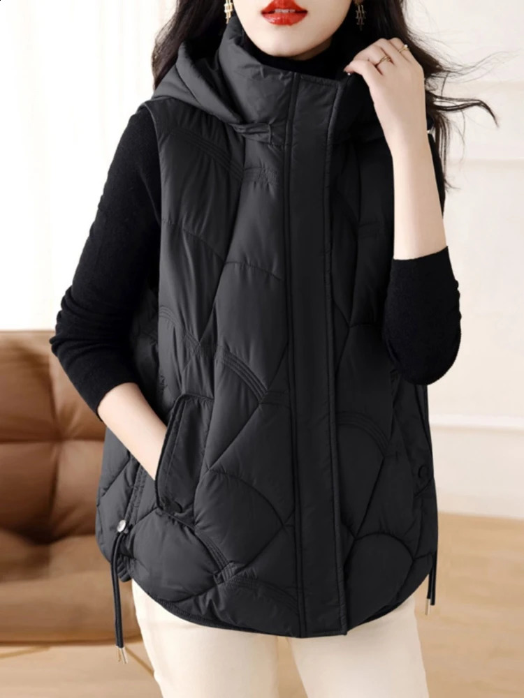 winter vest womens glossy short sleeved Korean style bread clothing thickness warm cotton fluffy hooded casual jacket 240910