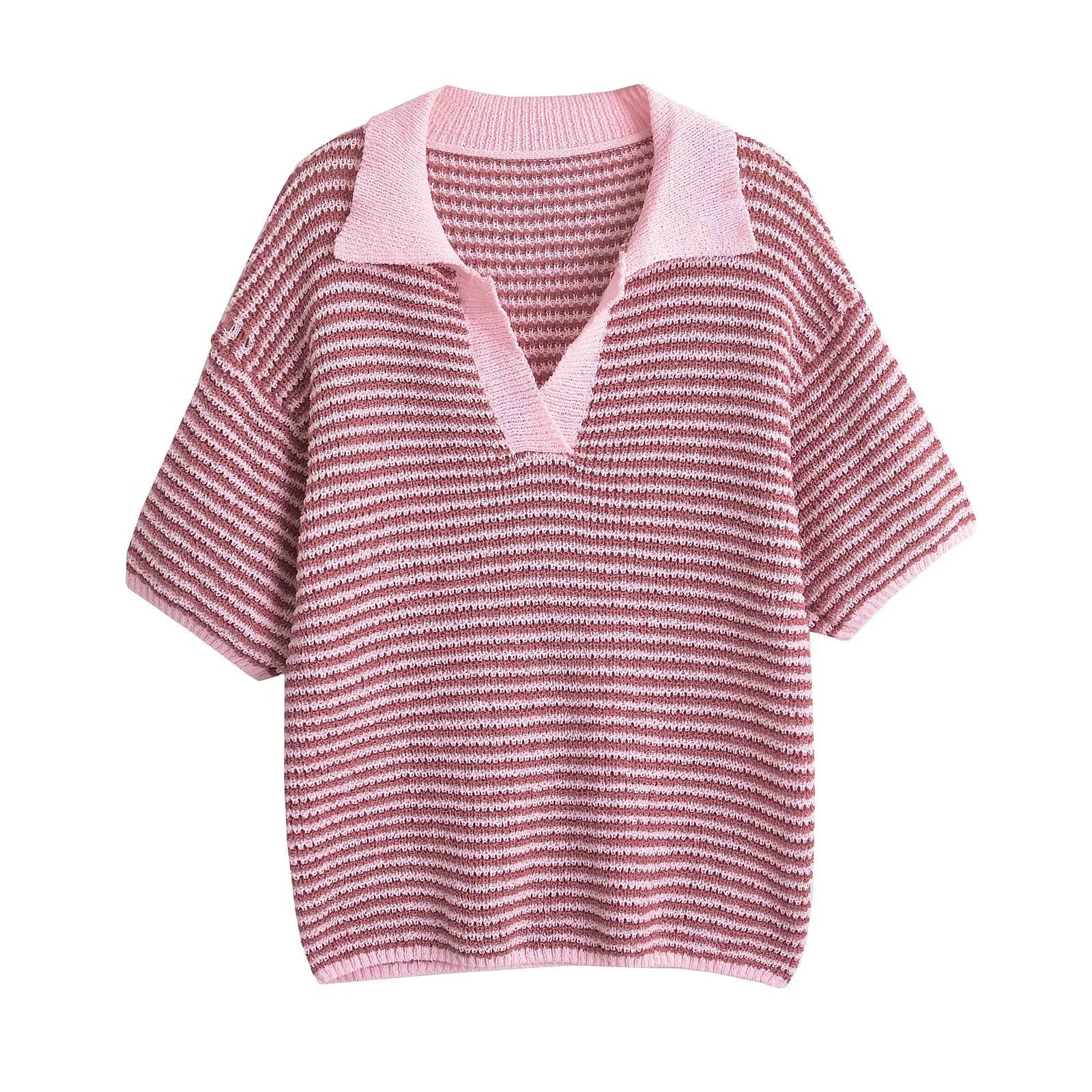 Fashion Striped Knitted Suit Autumn Womens Polo Collar Loose Top+shorts Set