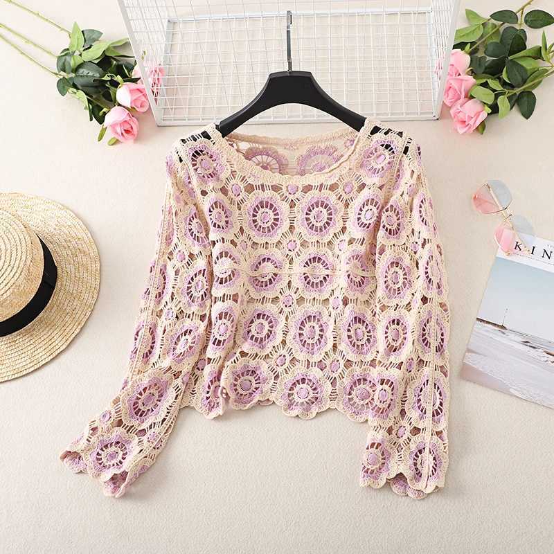Women s Y2k Crochet Knit Cardigan Long Sleeve Floral Boho Pullover Sweater Button Down Jumper Top M240910