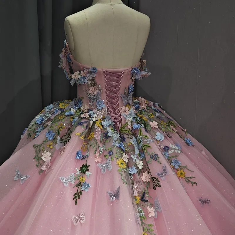 Pink Shiny Sweetheart Quinceanera Dresses Party Birthday Off The Shoulder 3D Applique Bow Beads Tull Princess Sweet 16 Dress Vestido De 15 Anos