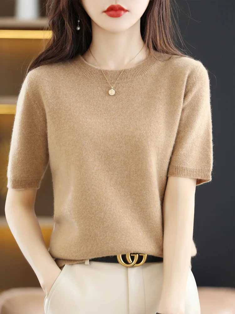 Women Merino Wool Sweater Cashmere Pullover Fashion Basic O-Neck Knitwear Short Sleeve Elegant T-Shirt Clothing Tops M240910