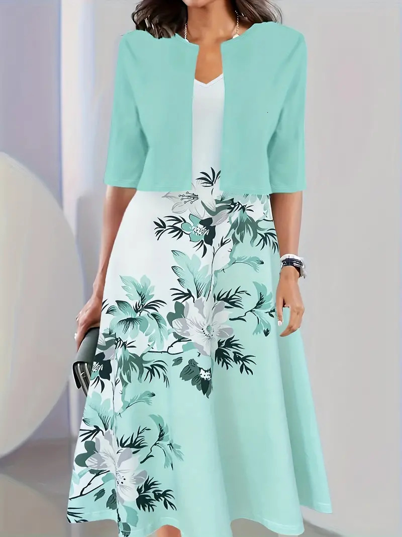2023 European and American Autumn New Women's Long Dress Two Piece Flower and Grass Print Round Neck Dress Coat Women
