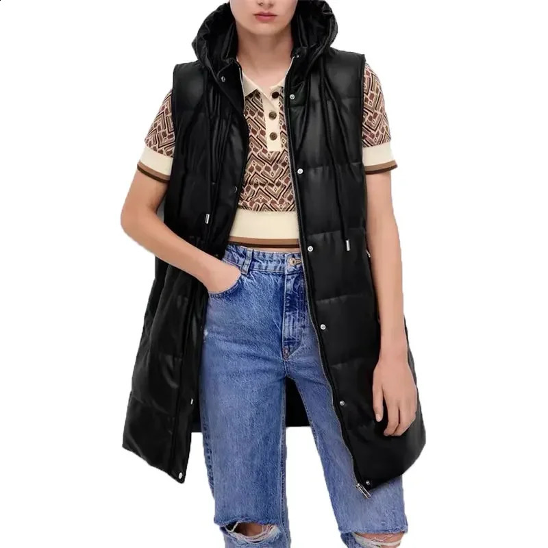 Womens vest fashion winter artificial leather apron long jacket hooded white sleeves PU womens clothing top 240910