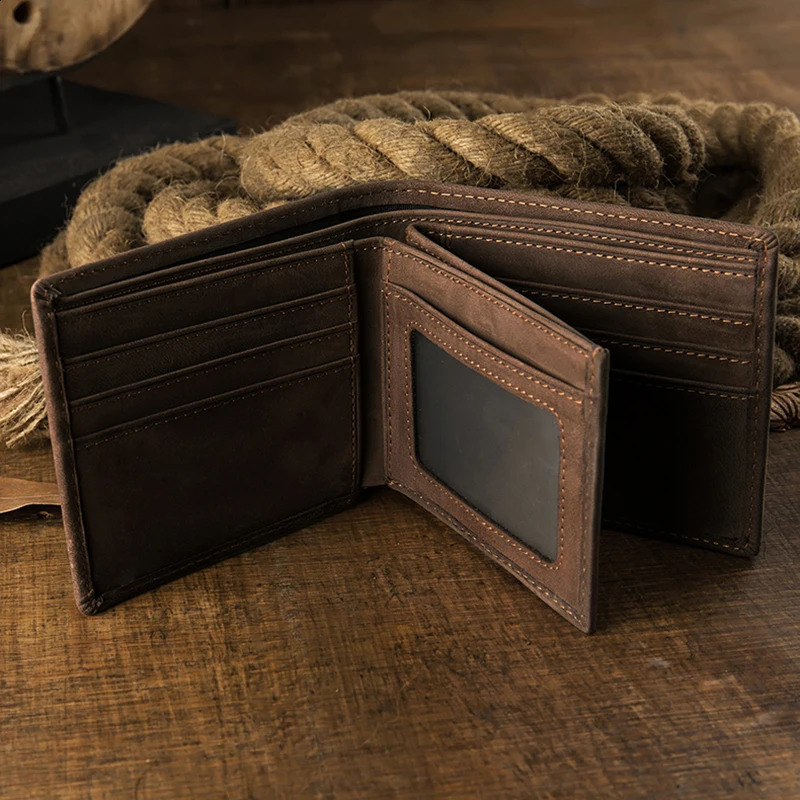 Handmade Retro Leather Wallet Mens Cowboy Hidden Billfold Crazy Horse Customized Deck Currency Clip 240910
