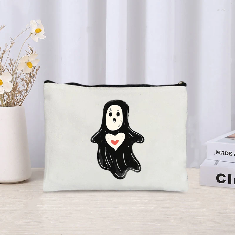 Cosmetic Bags Cartoon Ghost With Red Heart ating Printed Canvas Bag Organizer Zipper Storage Pouch Pencil Case Halloween zhanyishengli