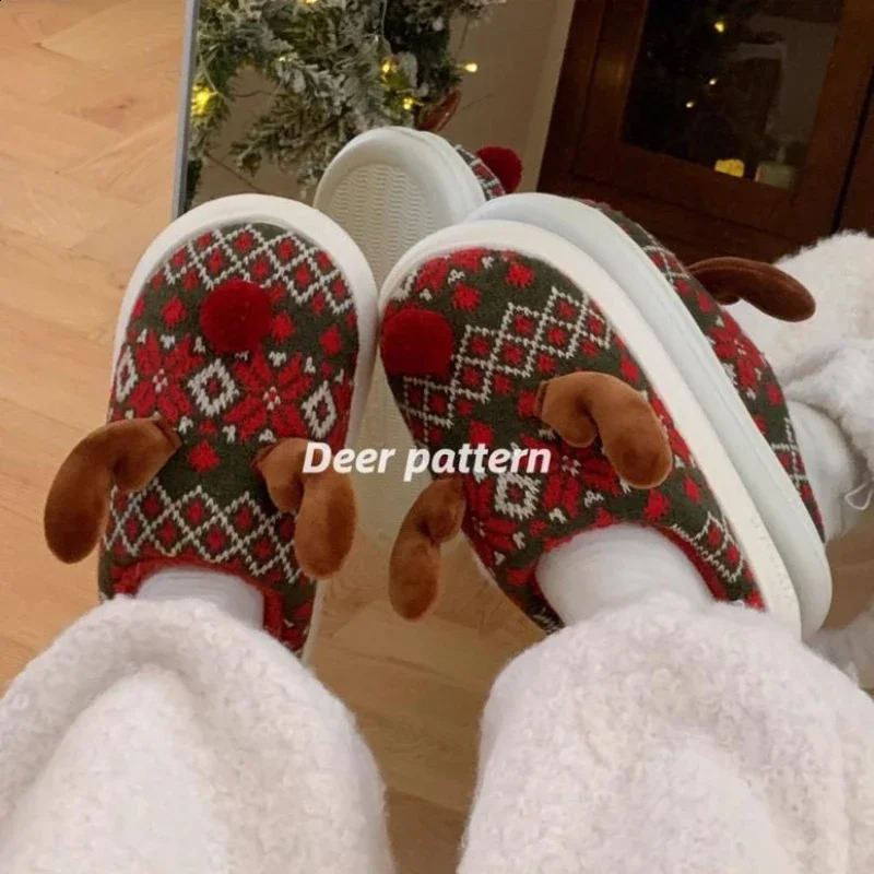 Women Christmas Cotton Slippers 2024 Cute Cartoon Deer Anti-slip Winter Warm Shoes Ladies Indoor Home Floor Fluffy Slides 240910