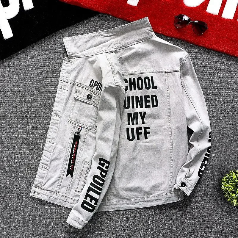 Mens Jean Coats Punk printed with a red mens denim jacket slim fit fast delivery G Korean clothing mens clothing lowest price 240906