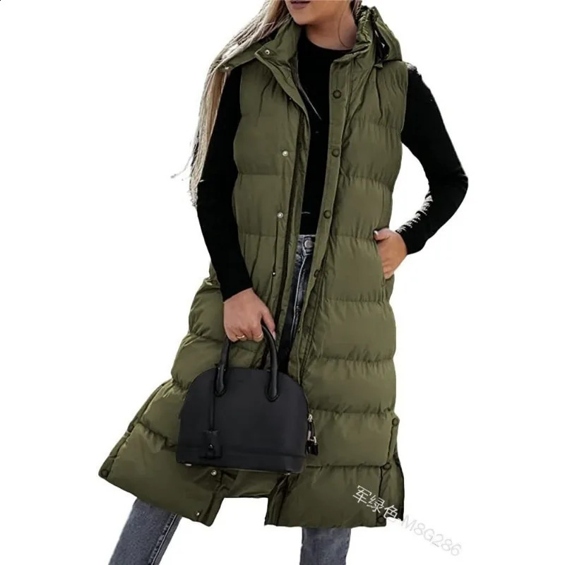 Womens solid loose zipper cardigan Parkas autumn and winter vest jacket womens sleeveless hooded single chest long 240910