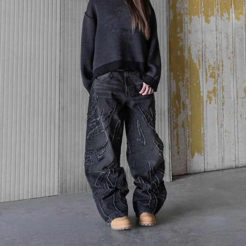 Oversized Embroidered Harajuku Gothic Wide Leg Trouser Streetwear Mens Bag Jeans Y2k Hip Hop Distressed Retro Black Pants 240911