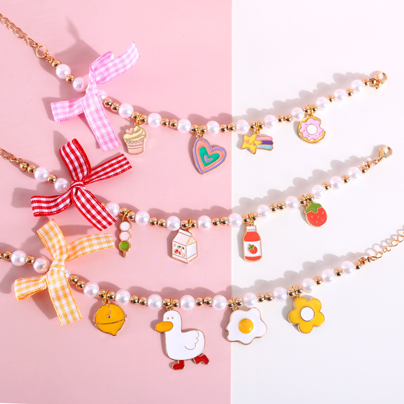 Cute Cat Dog Rabbit Birthday Collar Adjustable Necklace， Collar with Pearl Bow Duck Ice Cream Pendant Accessories Pet Supplies