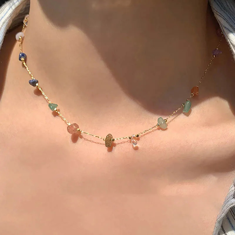 Fashionable and cute natural stone necklace suitable for women summer simple crystal Kravik chain necklace jewelry gift 240910