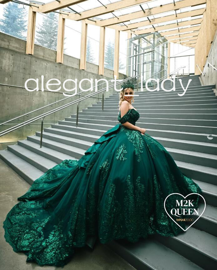 Emerald Hunter Green Sparkly Quinceanera Dresses Gillter Applique Big Bow Lace-up Corset Princess vestido de 15 quinceanera