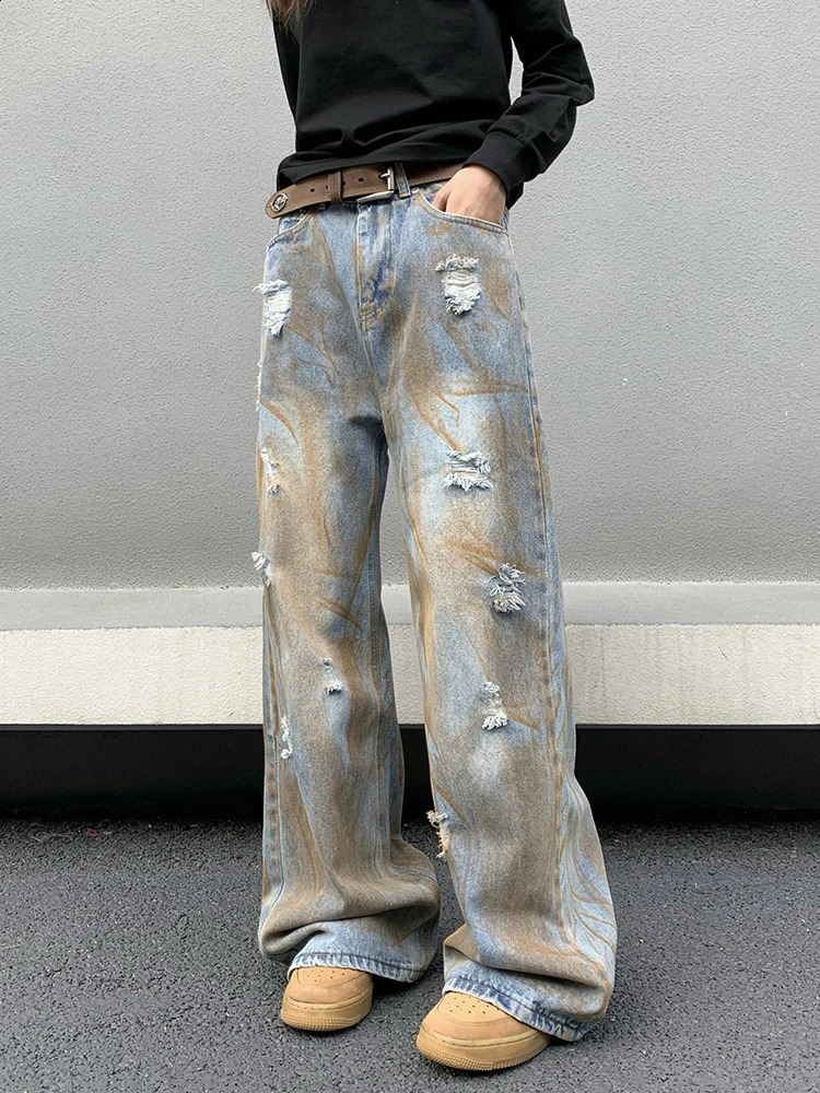 REDDACHIC Dirty Wash Blue Pocket Jeans Mens Loose Fit Casual Harajuku Hip Hop Mens Straight Wide Pants Y2k Retro Clothing 240911