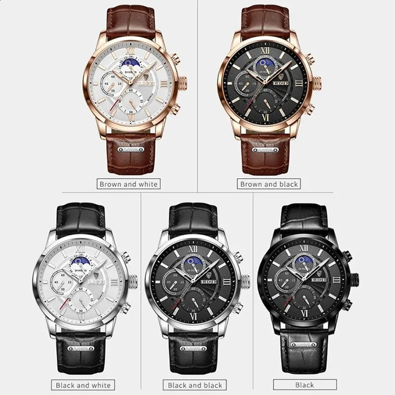 LIGE Mens Watches Top Brand Luxury Brown Leather Casual Quartz Watch Men Sport Waterproof Clock Watch Relogio Masculino 240909