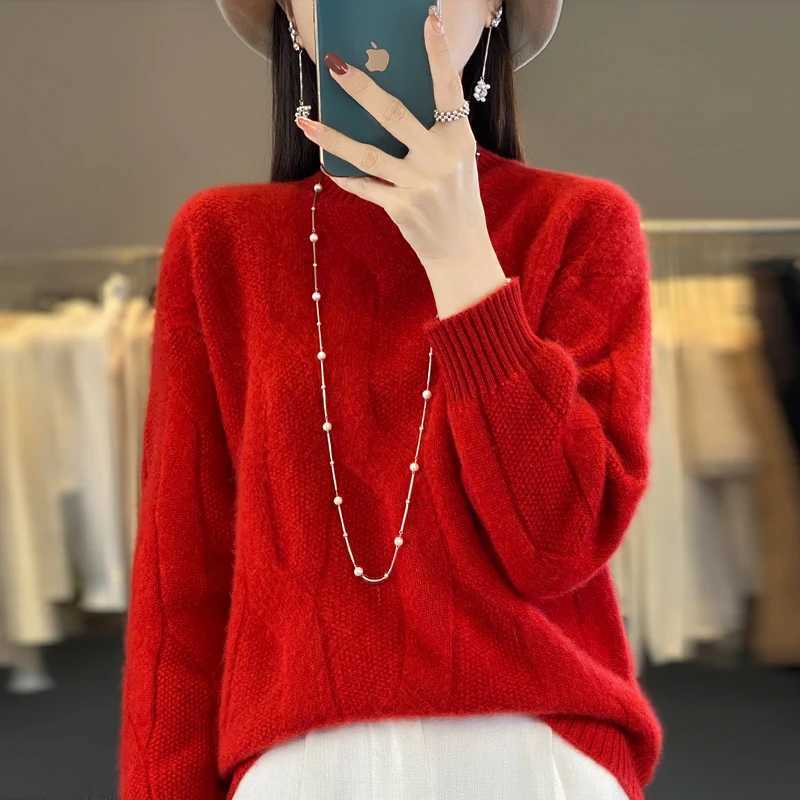 Womens pullovers fall/winter high-quality soft 100% merino wool sweater with half high neck and thick cashmere sweater top M240910