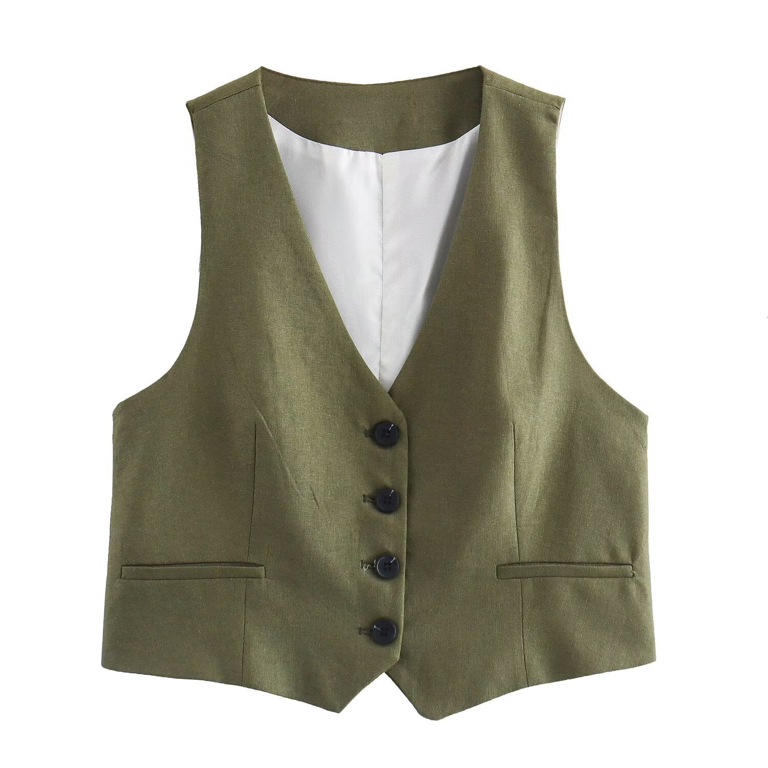 Linen Blend New Product V-neck Fashion Vest Autumn Style Womens Shorts Set Belt Matching
