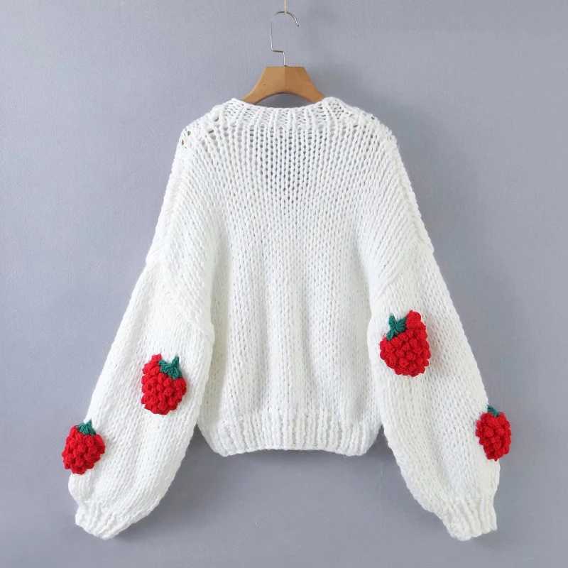 Womens Knitted Sweater Cardigans Fall Korean Style Casual All-Matched V-Neck Strawberry Knitting Lantern Sleeve Loose Sweaters M240910