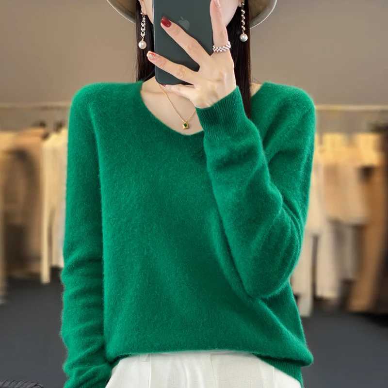 100% pure wool cashmere sweater womens V-neck pullover casual knit top autumn and winter womens coat Korean fashion M240910