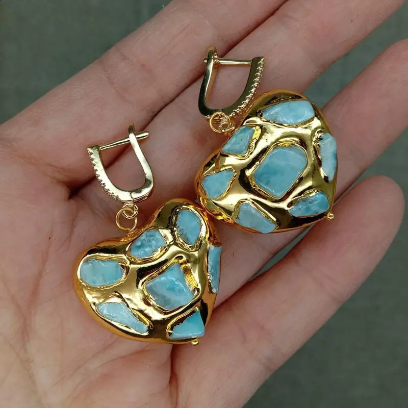 YYGEM Natural Blue Larimar Chips Pave Heart Shaped Yellow Gold color Dangle LeverBack Earrings 240910