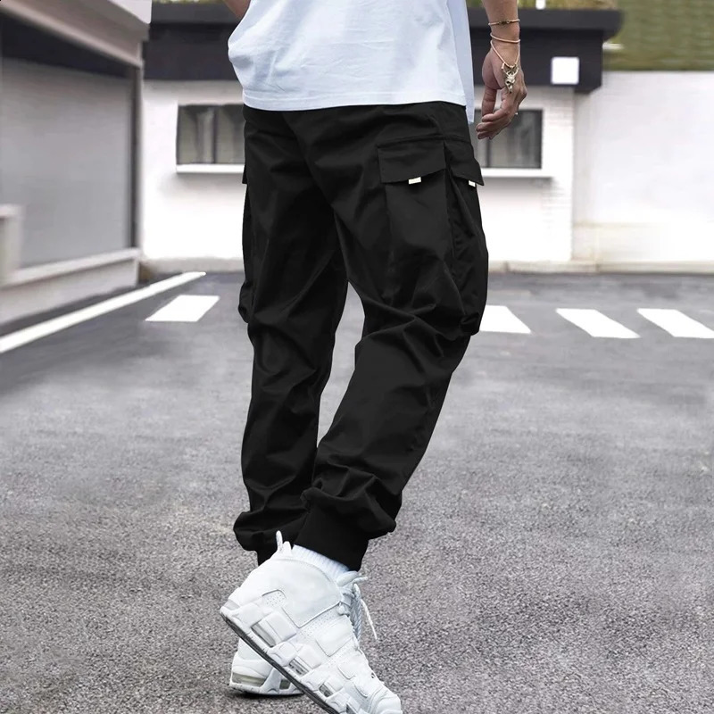 Mens fashionable casual cargo pants with flip pockets and side pull waist pants 240930