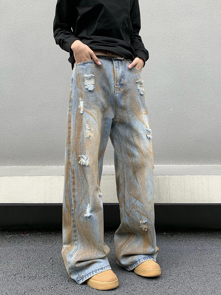 REDDACHIC Dirty Wash Blue Pocket Jeans Mens Loose Fit Casual Harajuku Hip Hop Mens Straight Wide Pants Y2k Retro Clothing 240911