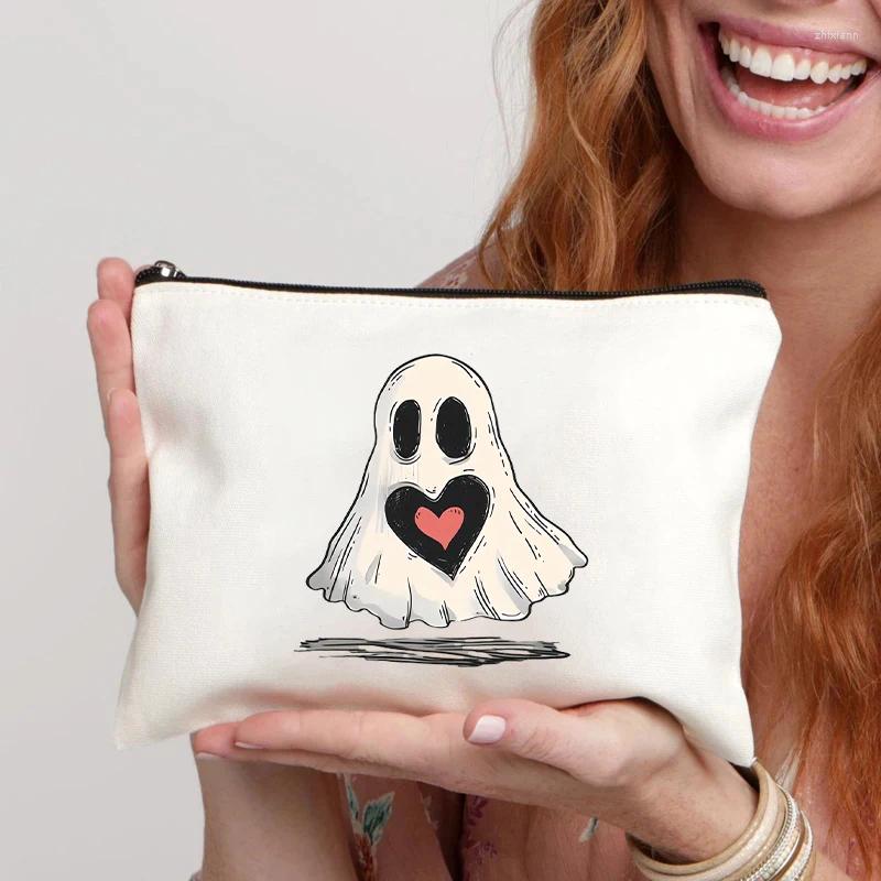 Cosmetic Bags Cartoon Ghost With Red Heart ating Printed Canvas Bag Organizer Zipper Storage Pouch Pencil Case Halloween zhanyishengli