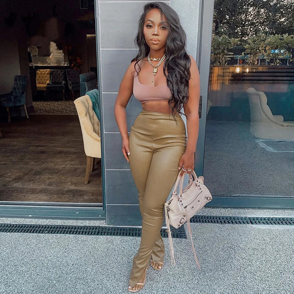 Pink PU artificial leather long leg womens high waisted pencil pants solid side split tight mens streetwear 240910