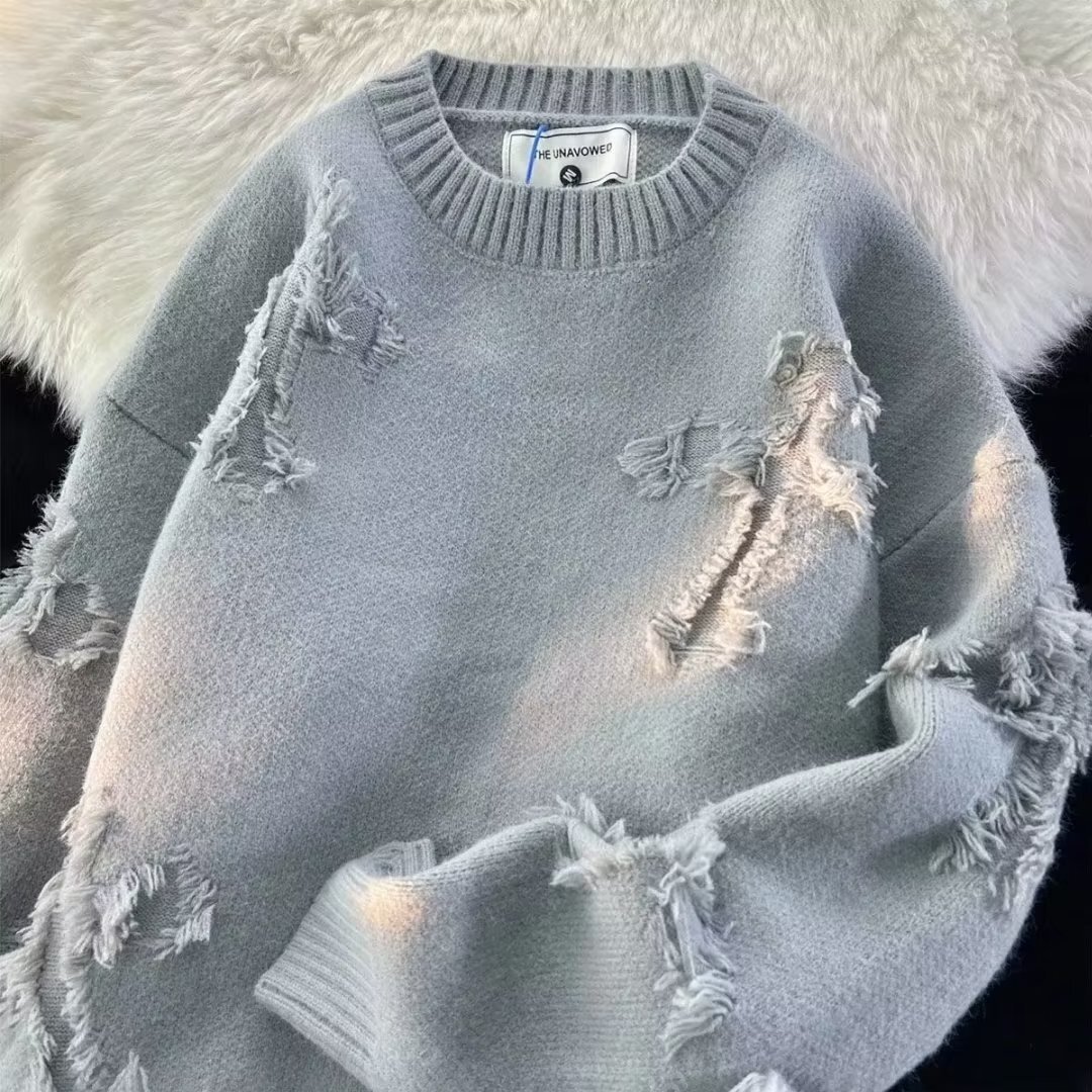 Men Sweaters Autumn and winter torn sweater mens round neck pullover trendy high street American retro Japanese youth knitted sweater Mens crew neck s
