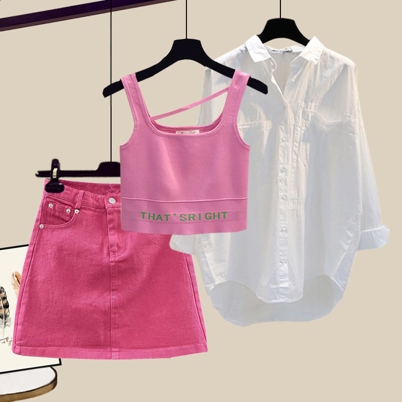 Women's Two Piece Pants Korean Summer Style Worn Casual Shorts White Chiffon Shirt Green Vest Bra Three Piece Elegant Women's Shorts Set 230