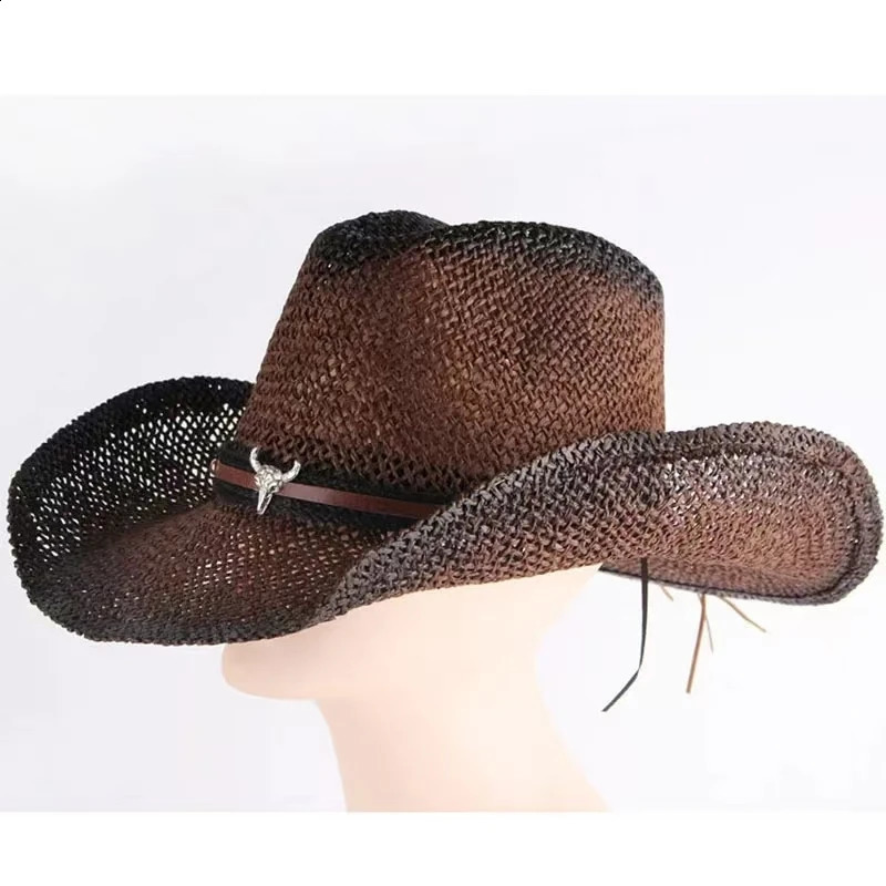 Hand woven hollow western cowboy hat suitable for womens summer outdoor cowboy hat beach cowboy hat straw hat 240909