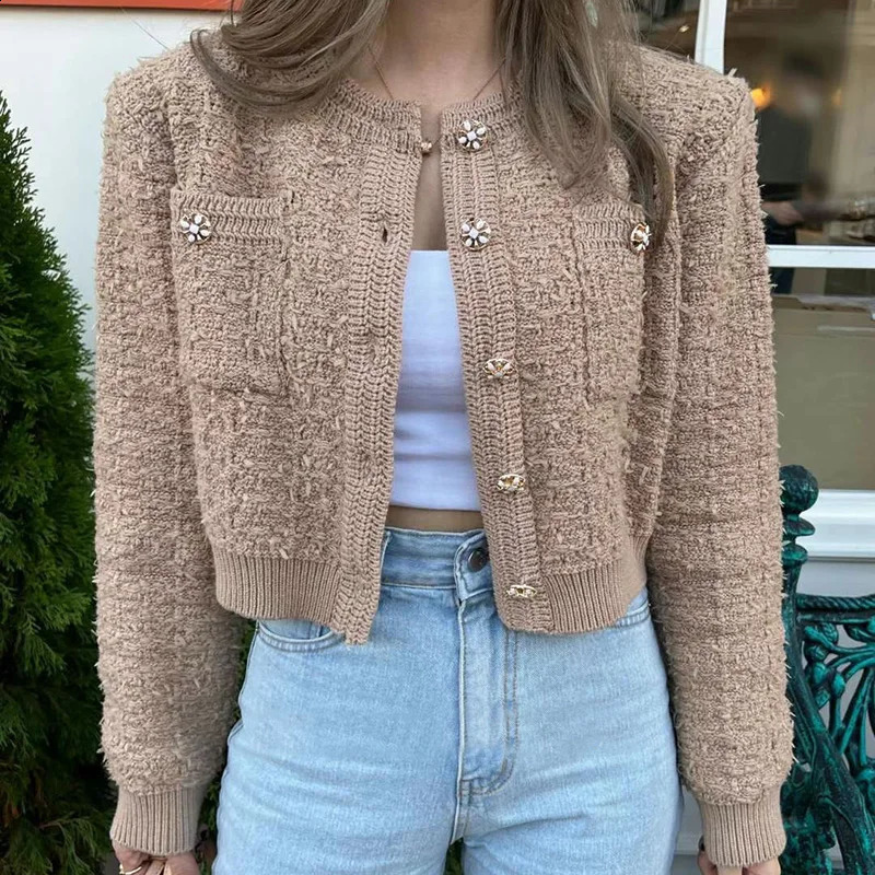 Korean Style Pink Round Neck Cropped Cardigans for Women Chic Button Long Sleeve Knitted Coats Woman Pocket Bling Short Cardigan 240905