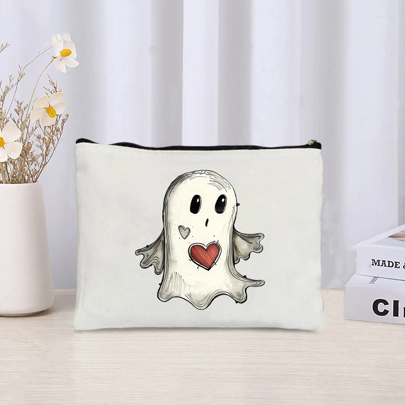 Cosmetic Bags Cartoon Ghost With Red Heart ating Printed Canvas Bag Organizer Zipper Storage Pouch Pencil Case Halloween zhanyishengli