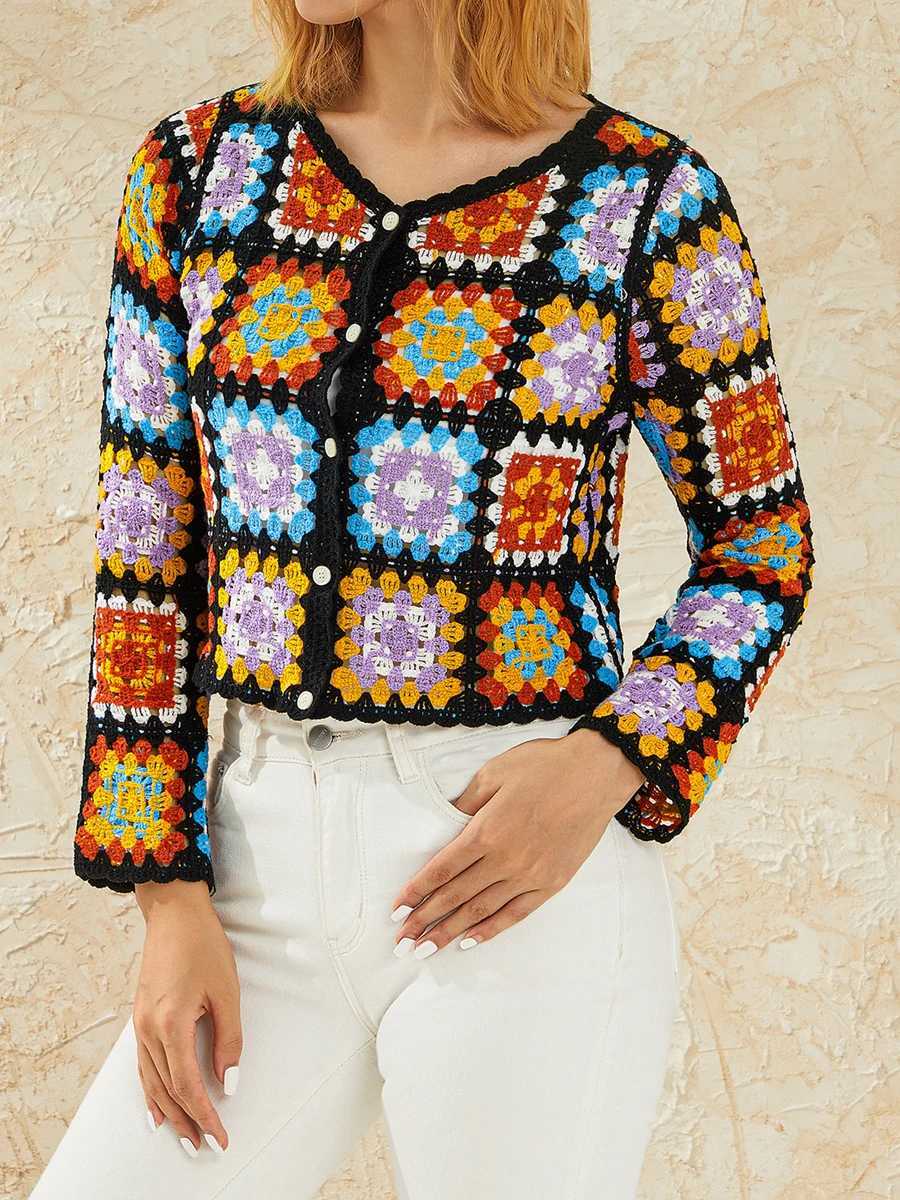 Women s Y2k Crochet Knit Cardigan Long Sleeve Floral Boho Pullover Sweater Button Down Jumper Top M240910