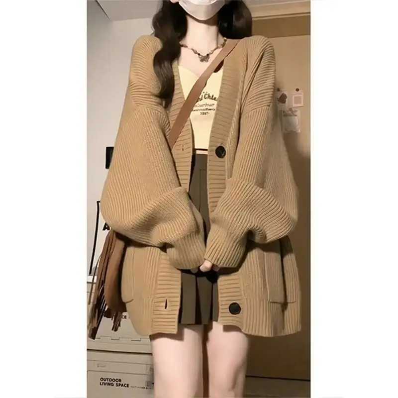 Women Autumn Winter Casual Simplicity Loose Solid Color Long Sleeve Knitwear Ladies Trend All-match Knitting Cardigan Coat Tops M240910