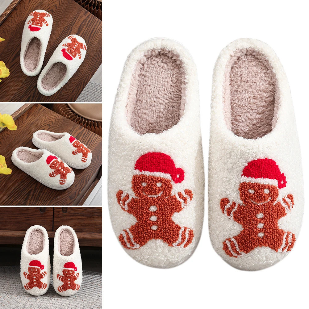 Christmas Slippers Female Home Fluffy Flip flops Winter Women Girls Indoor Cute Deer Gingerbread Man Warm House Plush Shoes 240910