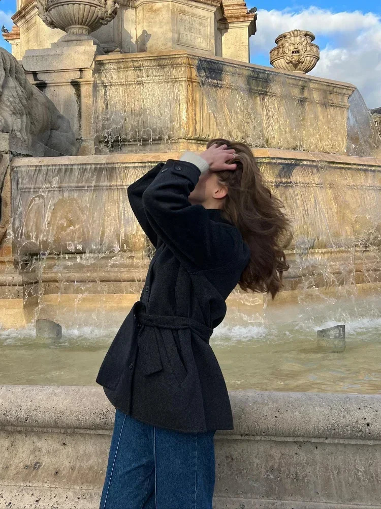 Fashion High Neck With Belt Woolen Overcoat Women Casual Long Sleeve Single Breasted Slim Warm Coat Autumn Street Lady Outerwear 240905