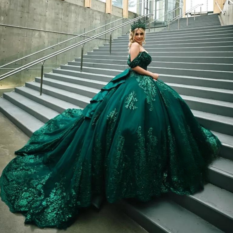 Blackish Green Shiny Quinceanera Dresses Ball Gown Sequin Lace Applique Beading Bow Tiered Corset Sweet 16 Dress Vestido De 15 Anos