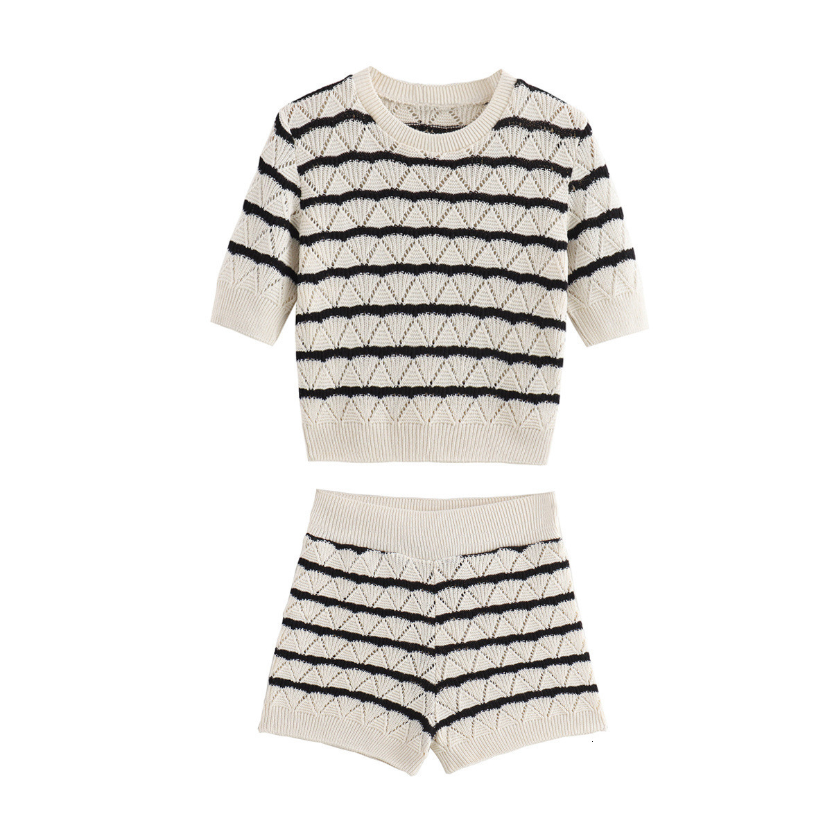 Fashion Set Summer New Product Womens Fashion Striped Knitted Top+shorts Set
