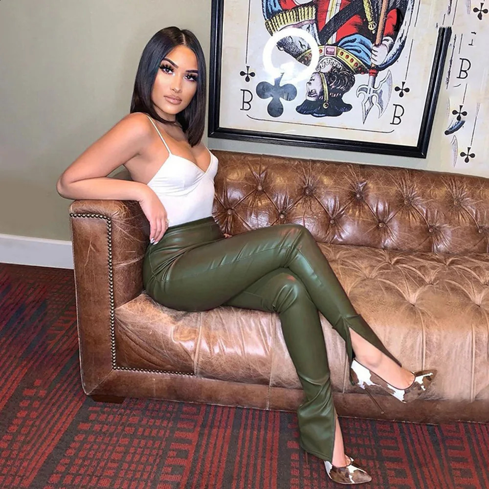 Pink PU artificial leather long leg womens high waisted pencil pants solid side split tight mens streetwear 240910