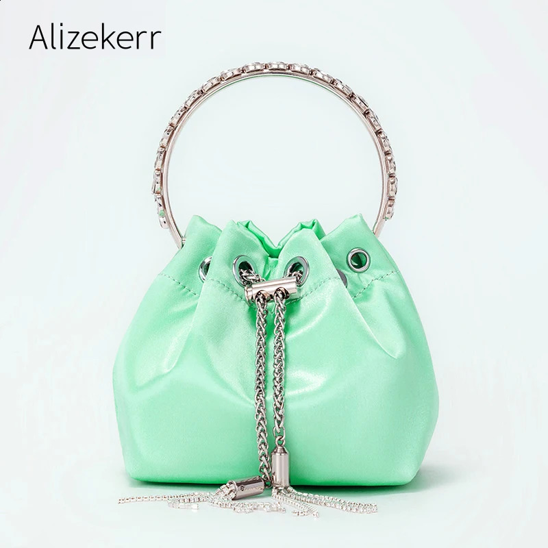 Crystal metal ring handbag for women y tassel satin bucket cross body bag colorful bead wallet wedding party 240910