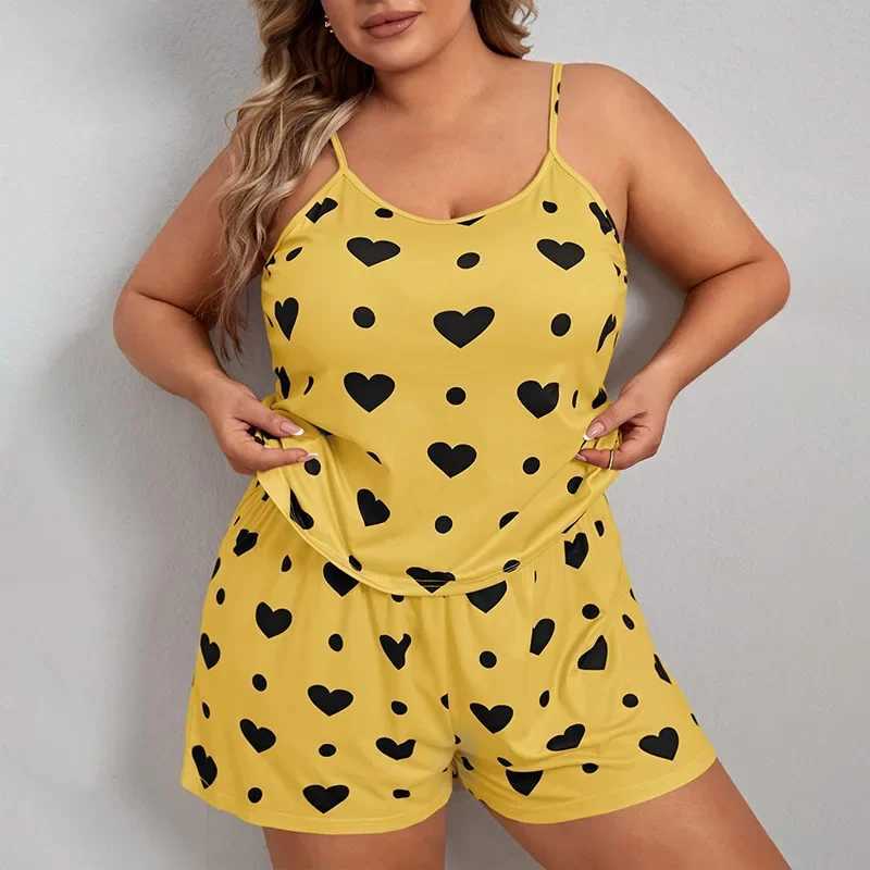 Sleeveless Plus Size Neck Heart Print Women O Pajama Set Crop Top Elastic Waist Shorts 2 Pieces Female Sleepwear NightwearX2409