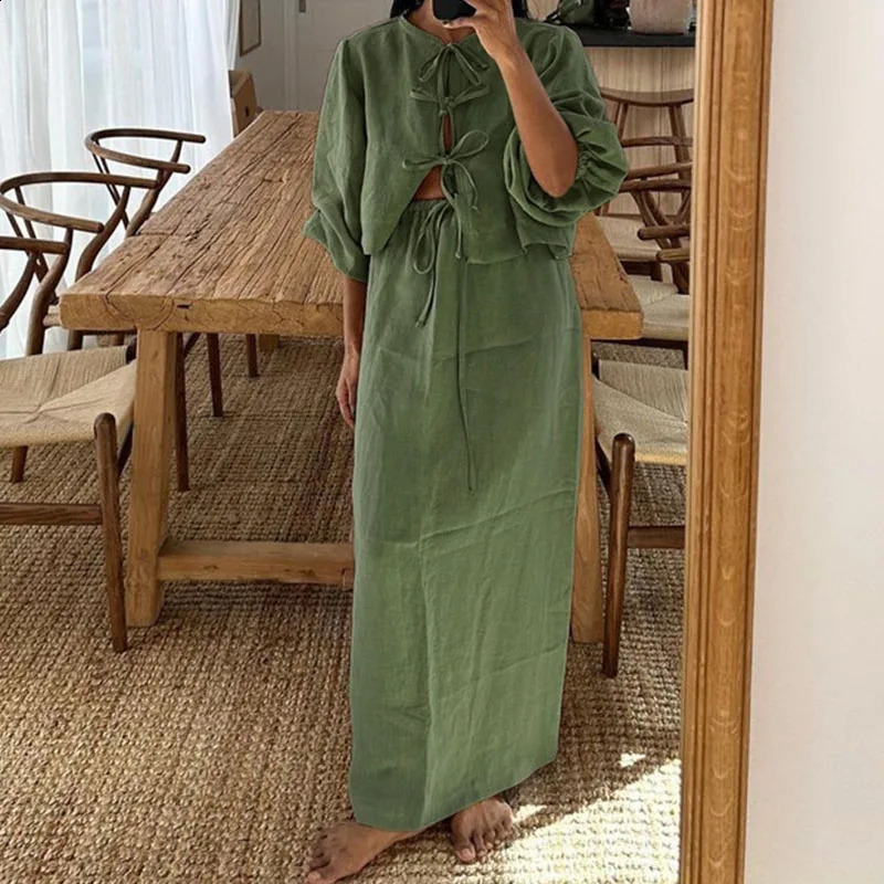 Womens O-neck lace up top long summer dress loose cotton linen set casual puff sleeves high waist 2-piece set 240903