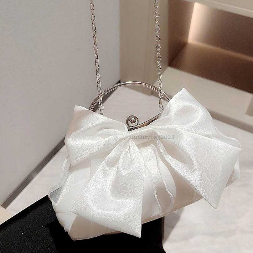 White Satin Bow Fairy Evening Bags Clutch Metal Handle Handbags for Women Wedding Party Bridal Clutches Purse Chain Shoulder Bag luxury dinners bag we
