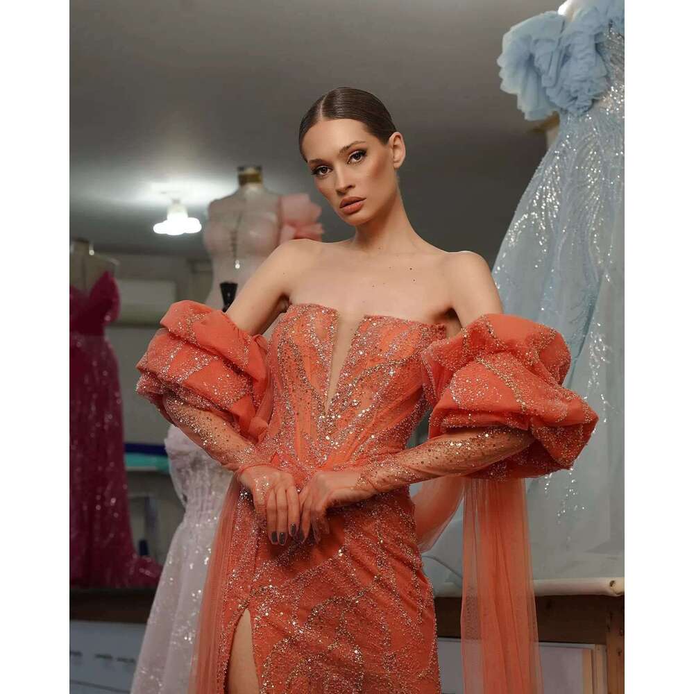 Stunning Evening Dresses A-E Strapless Sequins Backless Court Gown Party Dresses New Arrivals Vestido De Noite Custom Made 0228Lz