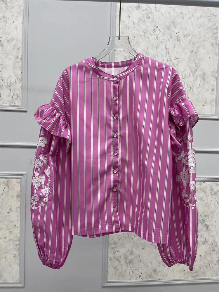 Women's Blouses Women Ral Embroidery Shirt Ruffles Long Lantern Sleeve Stripes Single Breasted Female Loose O-Neck Blouse Top Fall B3