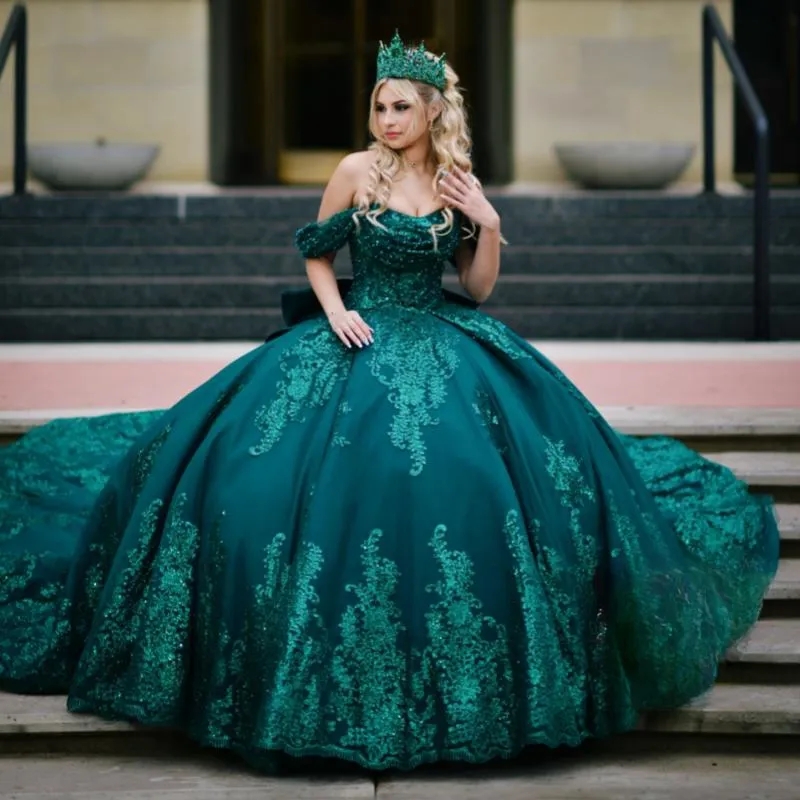 Blackish Green Shiny Quinceanera Dresses Ball Gown Sequin Lace Applique Beading Bow Tiered Corset Sweet 16 Dress Vestido De 15 Anos